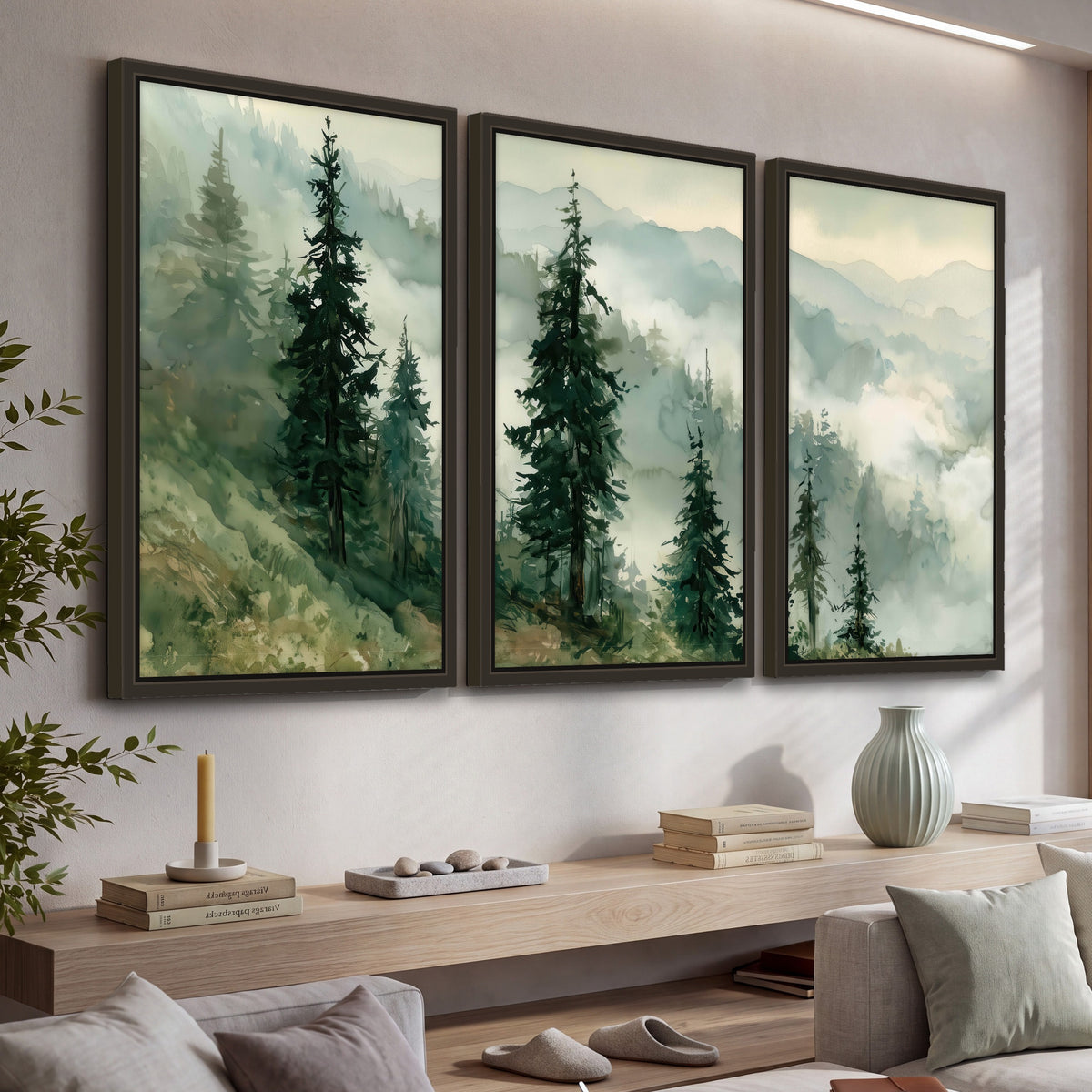 Misty mountain pines watercolor 3 piece framed canvas in a living room above a console