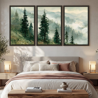 Misty mountain pines watercolor 3 piece framed canvas in a bedroom above the bed