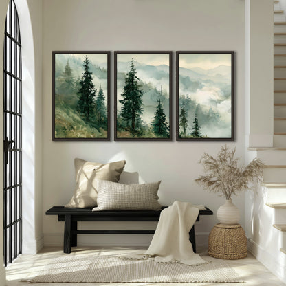 Misty mountain pines watercolor 3 piece framed canvas in an entryway above a bench