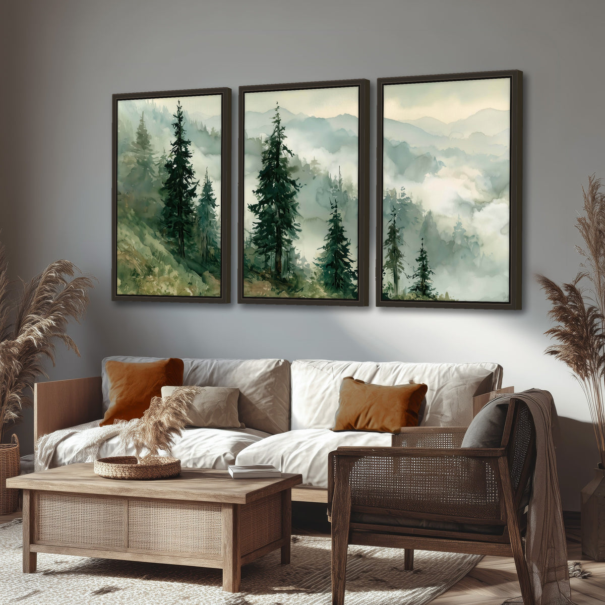 Misty mountain pines watercolor 3 piece framed canvas in a rustic living room