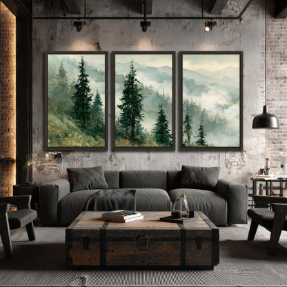 Misty mountain pines watercolor 3 piece framed canvas in an industrial loft