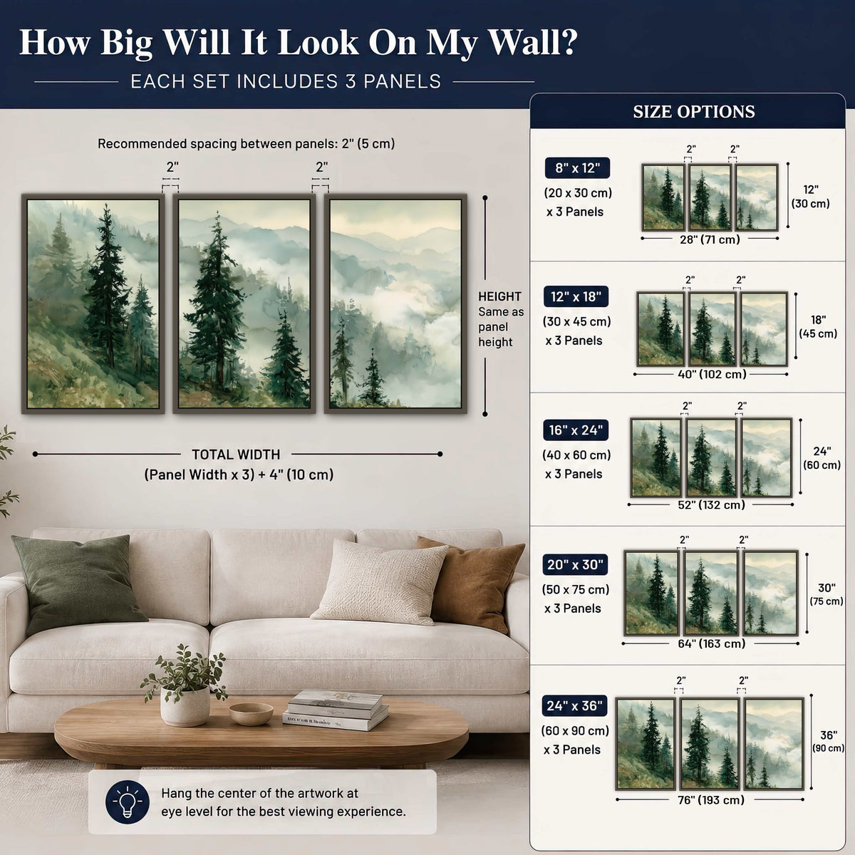 Misty mountain pines watercolor 3 piece framed canvas size guide above a sofa