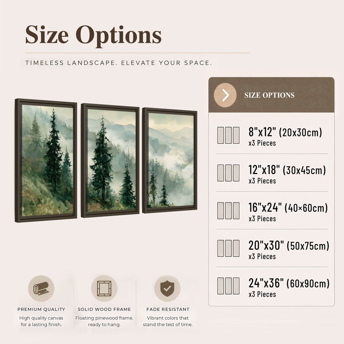 Misty mountain pines watercolor 3 piece framed canvas size options