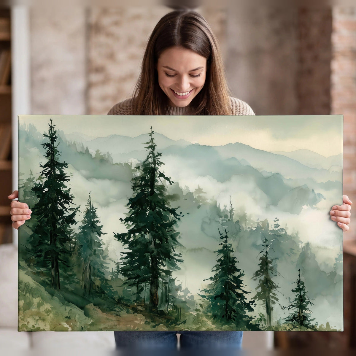 Misty mountain pines watercolor canvas wall art held in hands