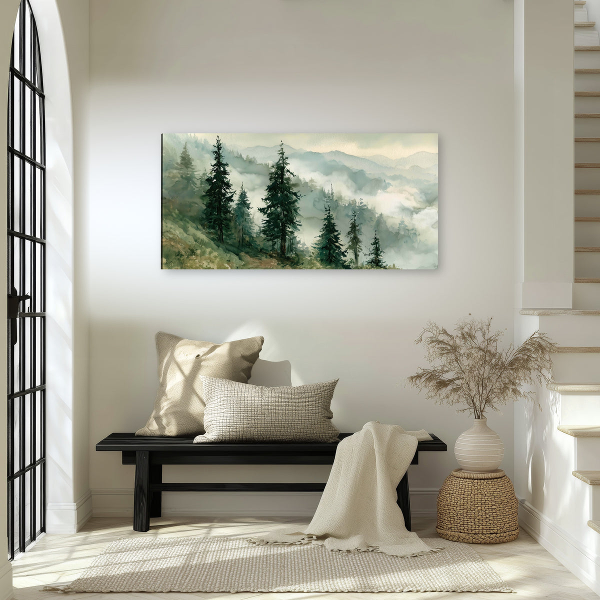 Misty mountain pines watercolor canvas wall art in an entryway above a bench