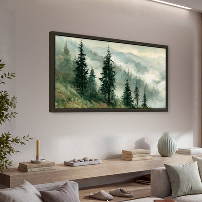 Misty mountain pines watercolor framed canvas wall art in a living room above a console