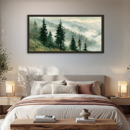 Misty mountain pines watercolor framed canvas wall art in a bedroom above the bed