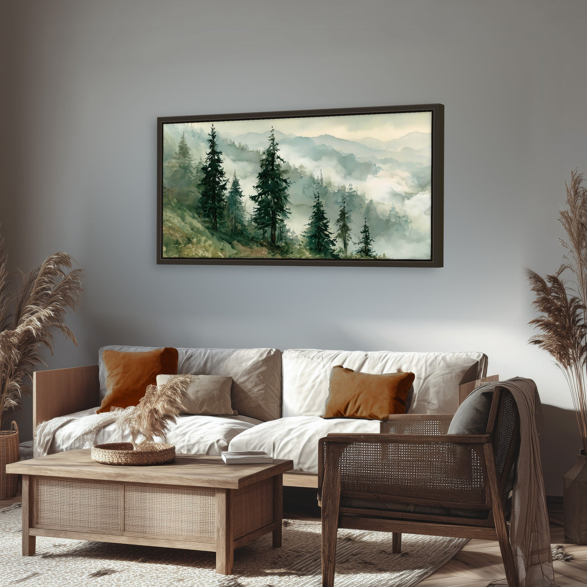 Misty mountain pines watercolor framed canvas wall art in a rustic living room