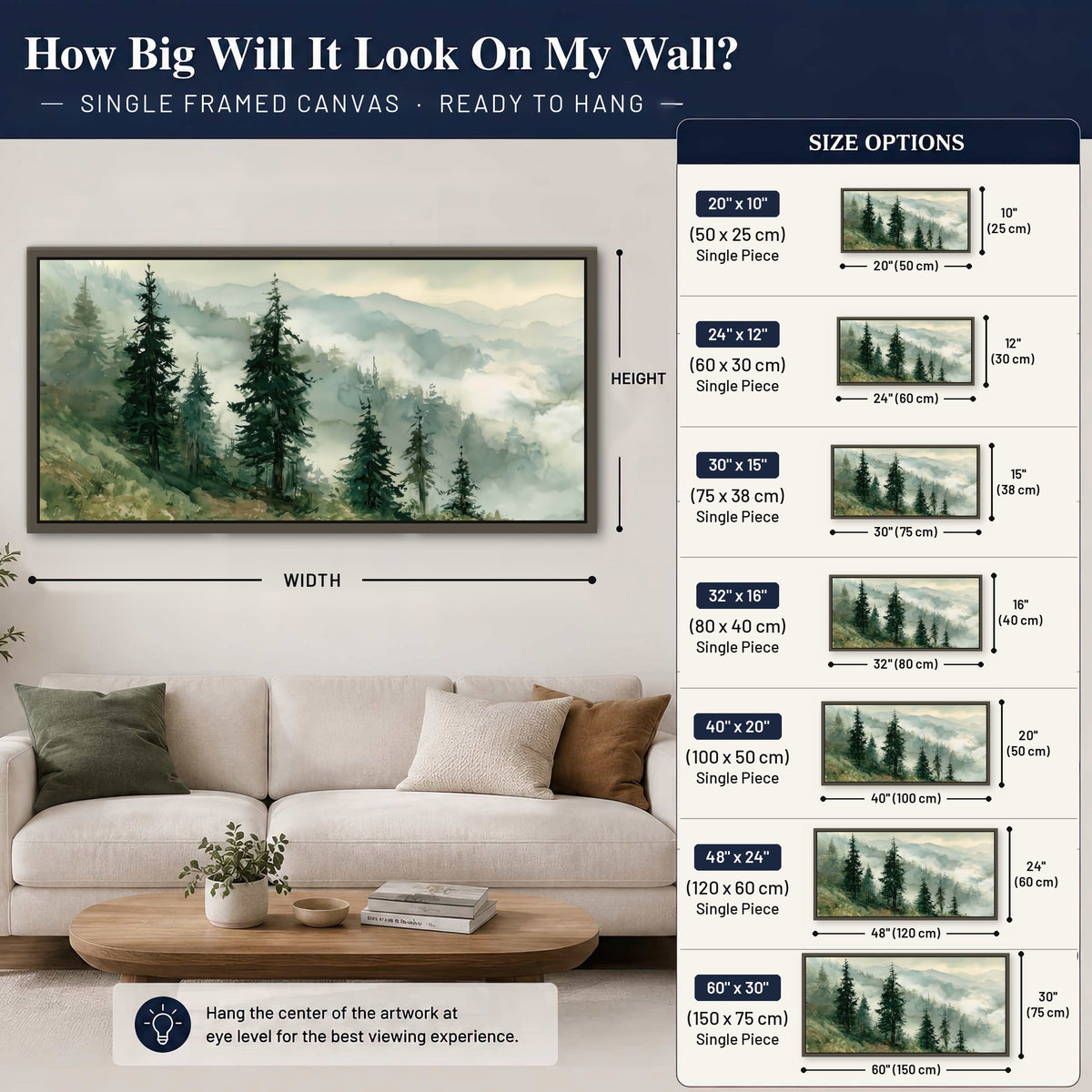 Misty mountain pines watercolor framed canvas wall art size guide above a sofa