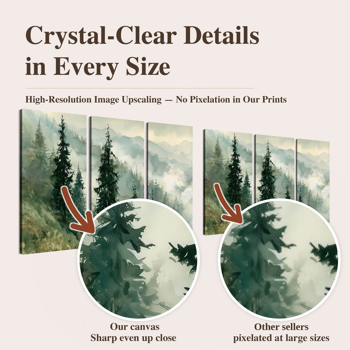 Misty mountain pines watercolor high-resolution print quality comparison