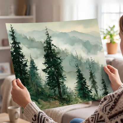 Misty mountain pines watercolor poster print held in hands
