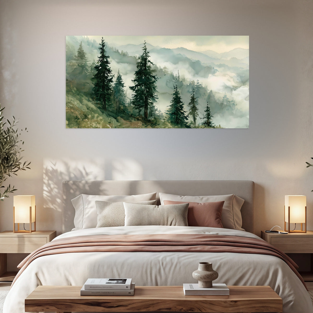Misty mountain pines watercolor poster print in a bedroom above the bed
