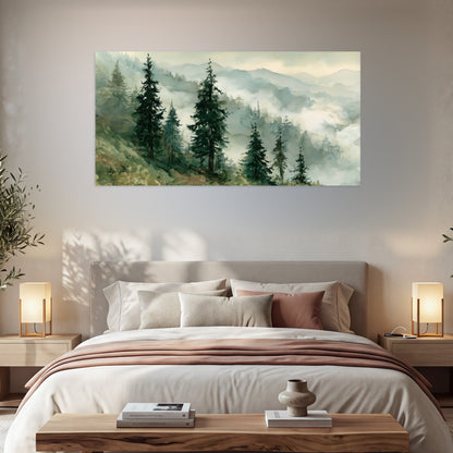 Misty mountain pines watercolor poster print in a bedroom above the bed