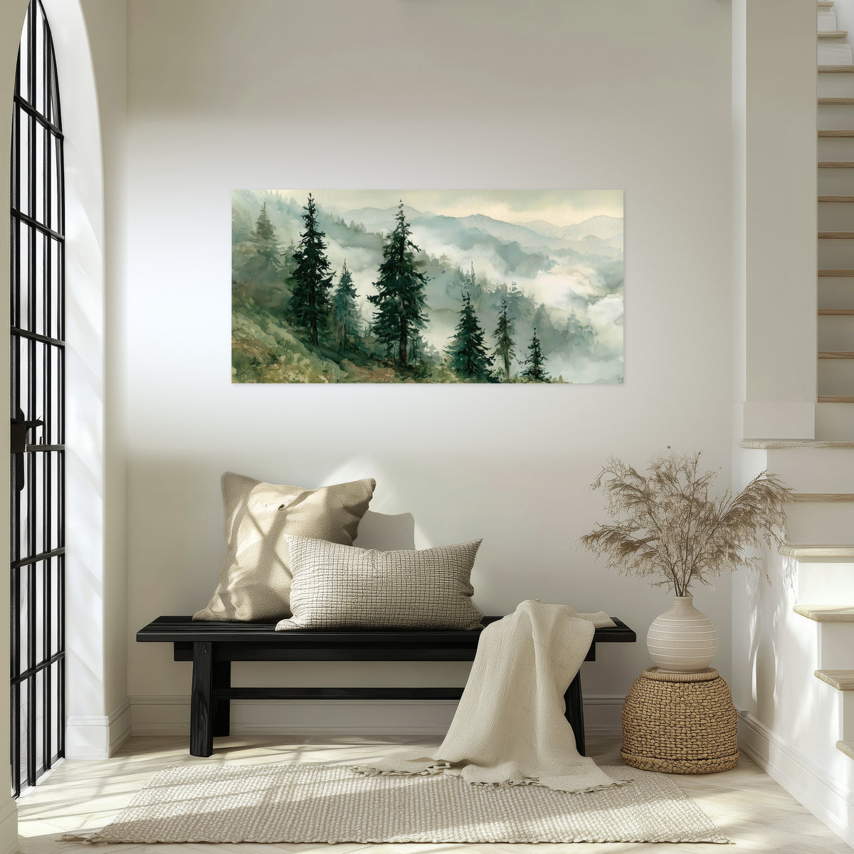 Misty mountain pines watercolor poster print in an entryway above a bench