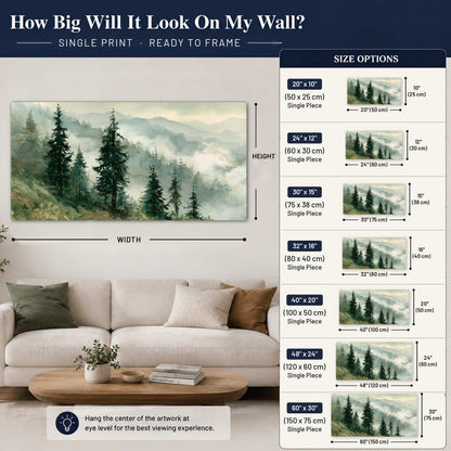 Misty mountain pines watercolor poster print size guide above a sofa