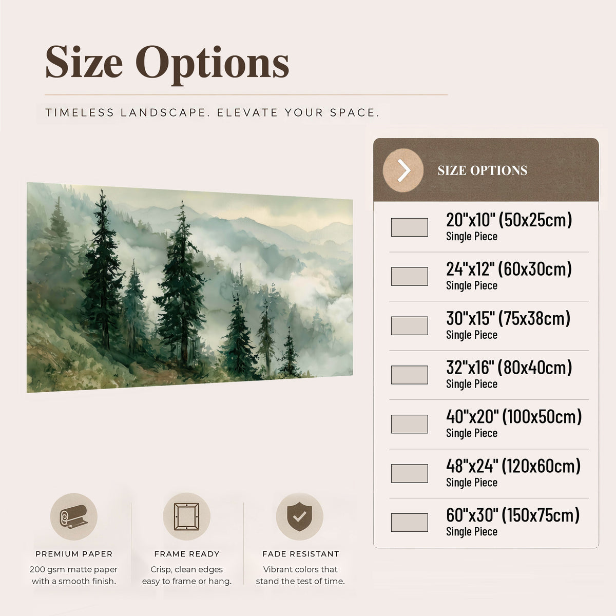 Misty mountain pines watercolor poster print size options