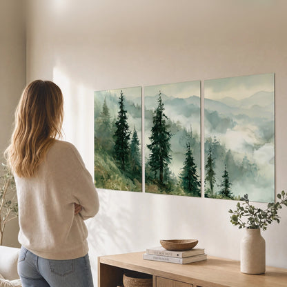 Misty mountain pines watercolor set of 3 poster prints in a living room
