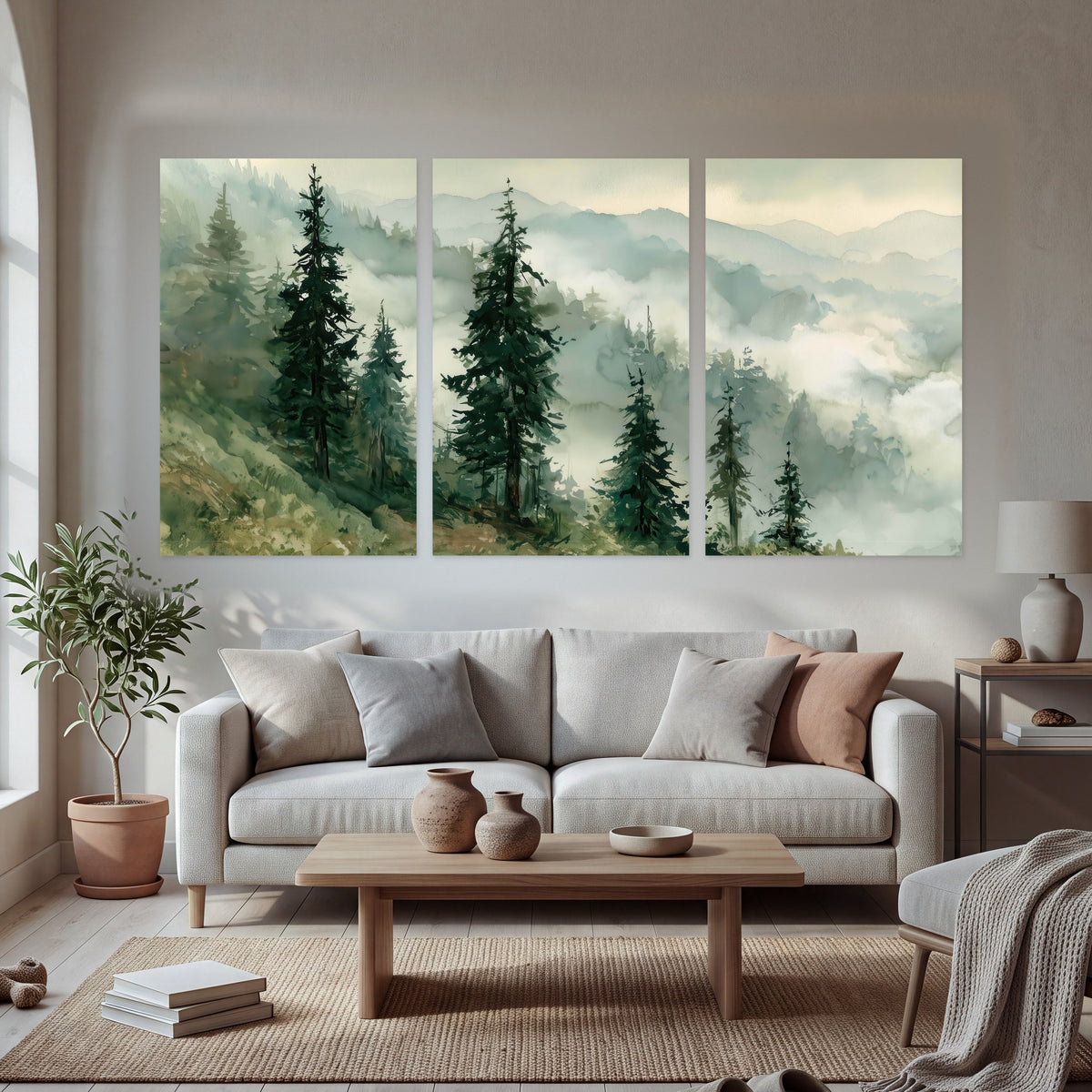 Misty mountain pines watercolor set of 3 poster prints in a bright living room