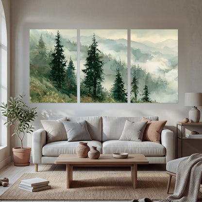 Misty mountain pines watercolor set of 3 poster prints in a bright living room