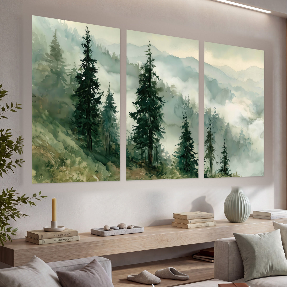 Misty mountain pines watercolor set of 3 poster prints in a living room above a console