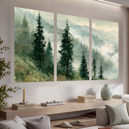 Misty mountain pines watercolor set of 3 poster prints in a living room above a console