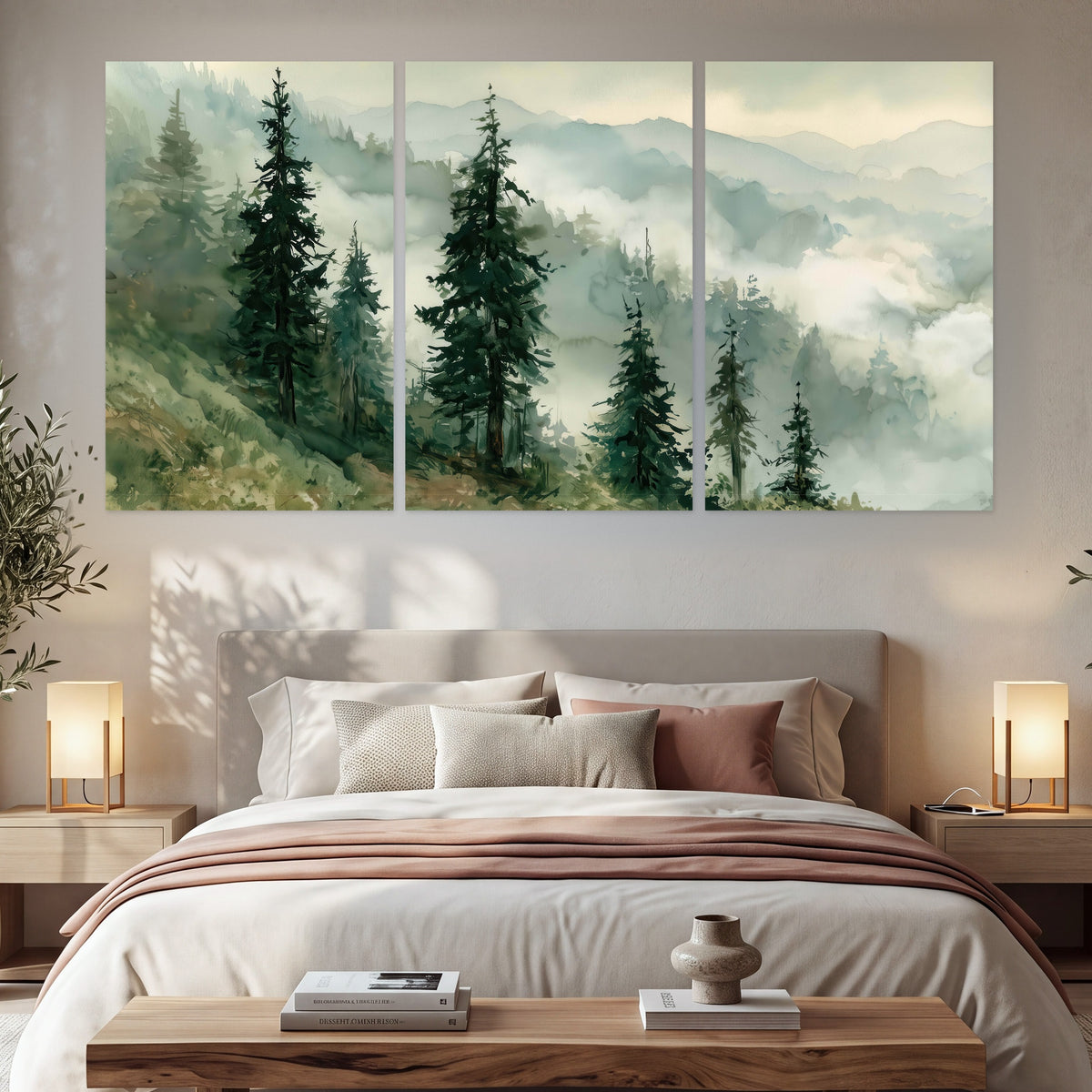 Misty mountain pines watercolor set of 3 poster prints in a bedroom above the bed
