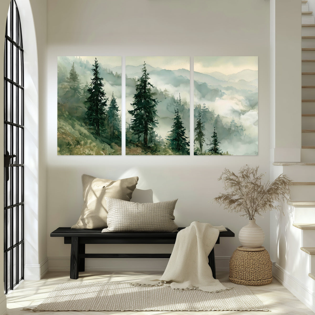 Misty mountain pines watercolor set of 3 poster prints in an entryway above a bench