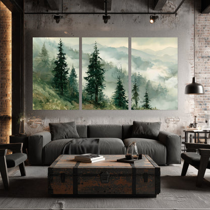 Misty mountain pines watercolor set of 3 poster prints in an industrial loft