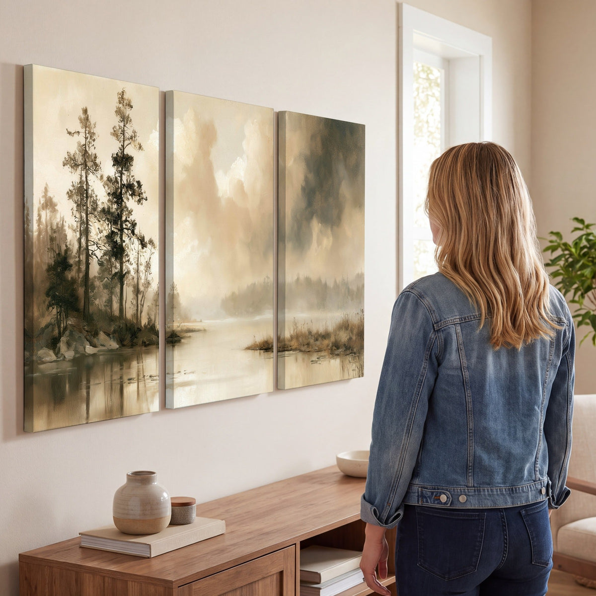 Vintage sepia pine lake painting 3 piece canvas wall art in a living room