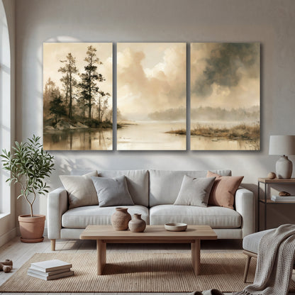 Vintage sepia pine lake painting 3 piece canvas wall art in a bright living room
