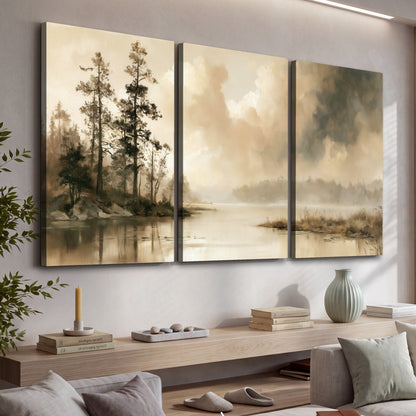 Vintage sepia pine lake painting 3 piece canvas wall art in a living room above a console