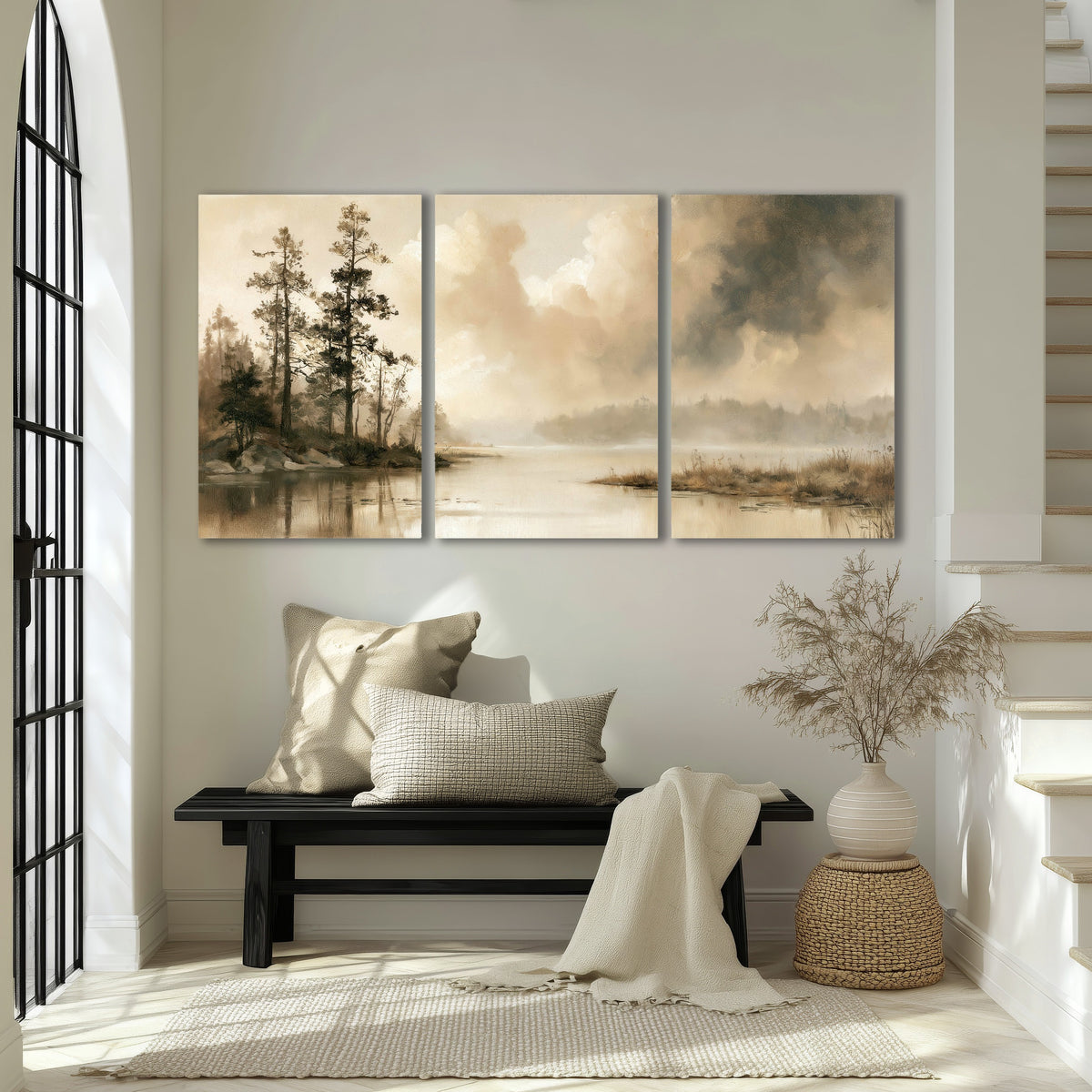 Vintage sepia pine lake painting 3 piece canvas wall art in an entryway above a bench