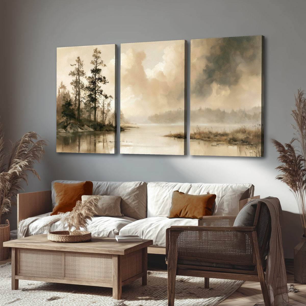 Vintage sepia pine lake painting 3 piece canvas wall art in a rustic living room