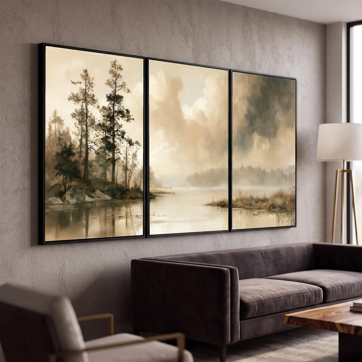Vintage sepia pine lake painting 3 piece canvas wall art in a modern living room