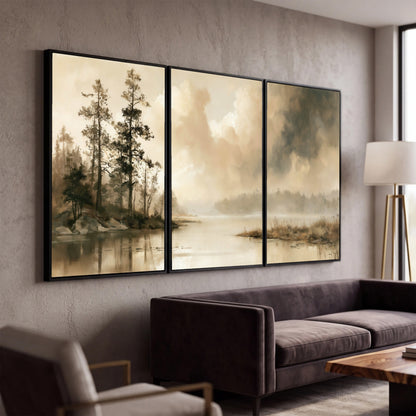 Vintage sepia pine lake painting 3 piece canvas wall art in a modern living room