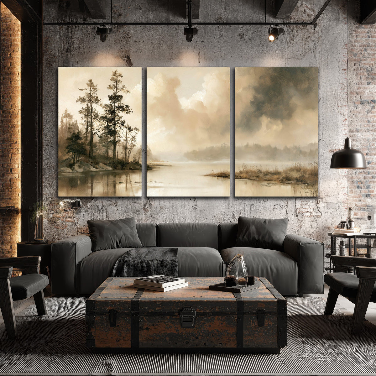 Vintage sepia pine lake painting 3 piece canvas wall art in an industrial loft