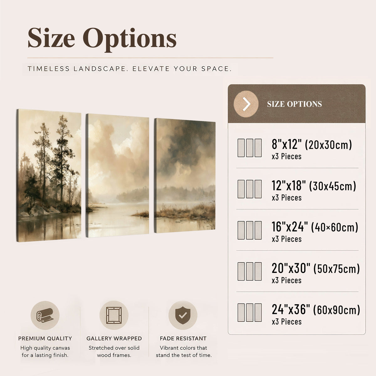 Vintage sepia pine lake painting 3 piece canvas wall art size options