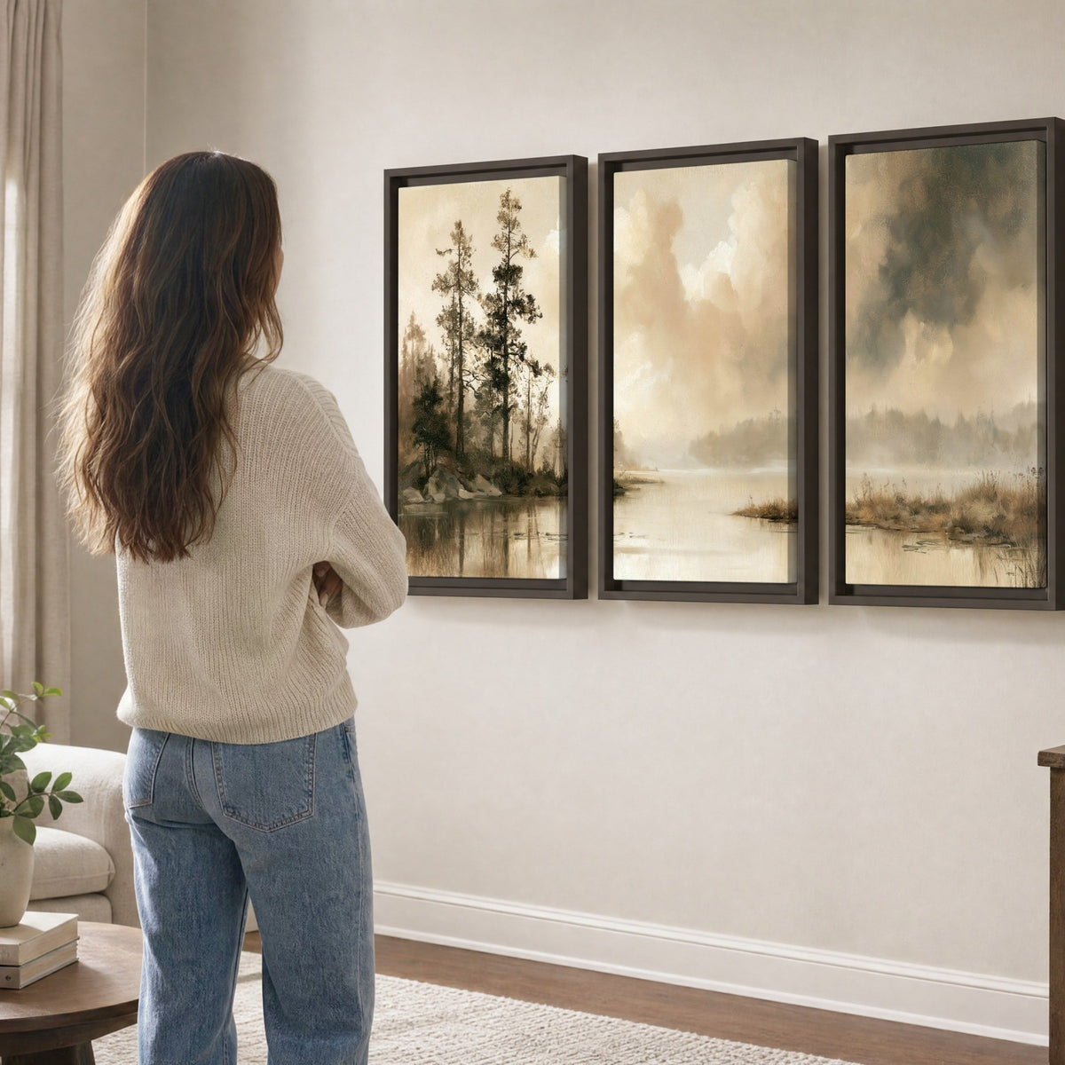 Vintage sepia pine lake painting 3 piece framed canvas in a living room