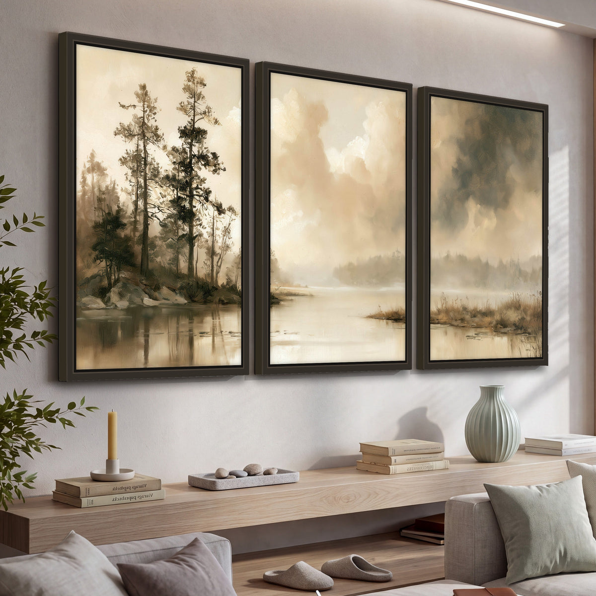 Vintage sepia pine lake painting 3 piece framed canvas in a living room above a console