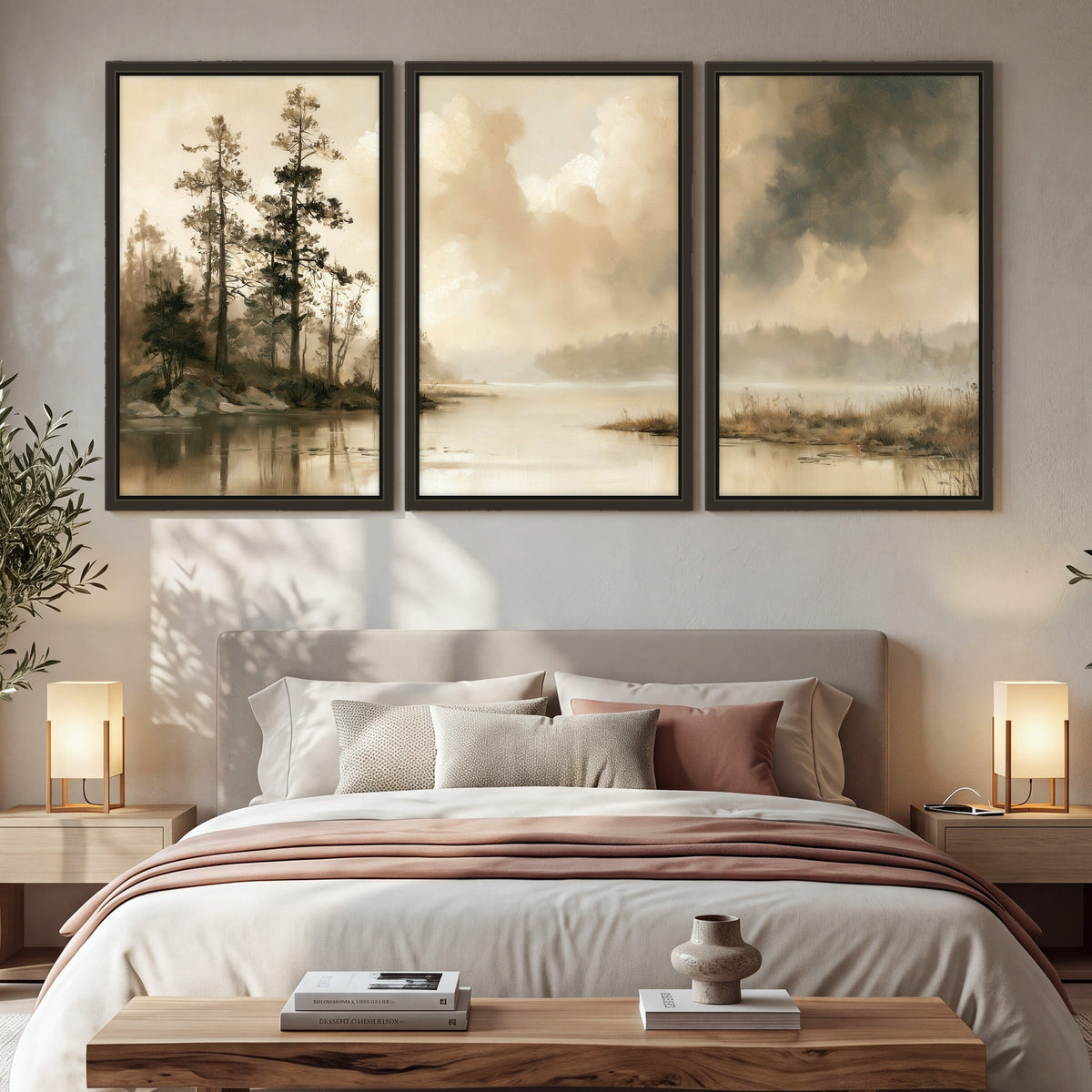 Vintage sepia pine lake painting 3 piece framed canvas in a bedroom above the bed