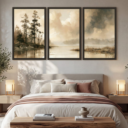 Vintage sepia pine lake painting 3 piece framed canvas in a bedroom above the bed
