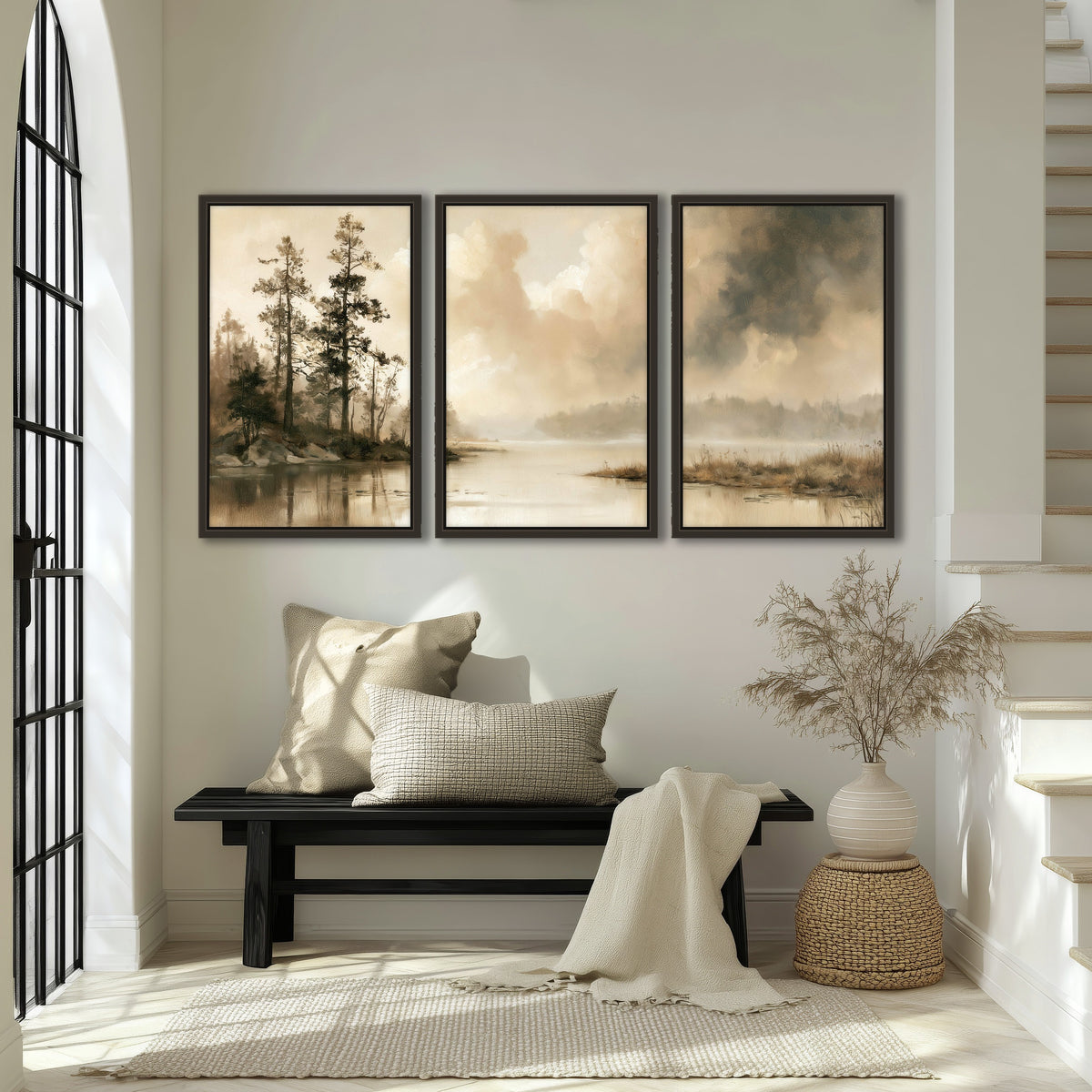 Vintage sepia pine lake painting 3 piece framed canvas in an entryway above a bench