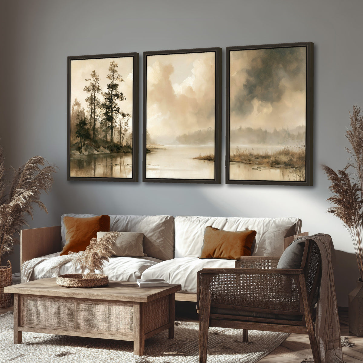 Vintage sepia pine lake painting 3 piece framed canvas in a rustic living room