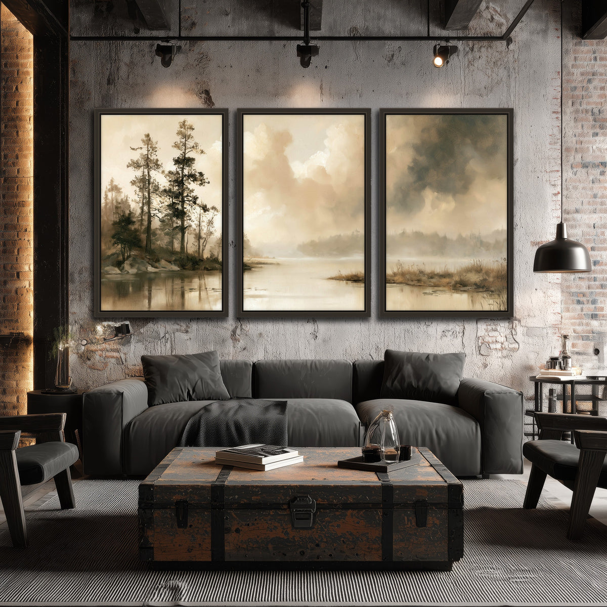 Vintage sepia pine lake painting 3 piece framed canvas in an industrial loft