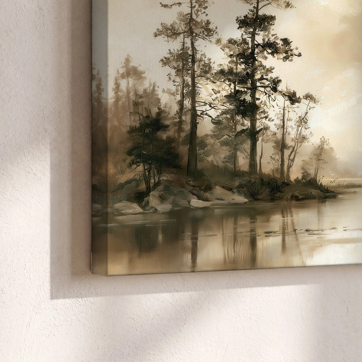 Vintage sepia pine lake painting canvas print close-up showing the gallery-wrapped edge
