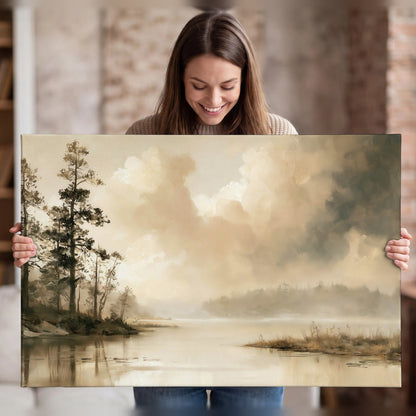 Vintage sepia pine lake painting canvas wall art held in hands