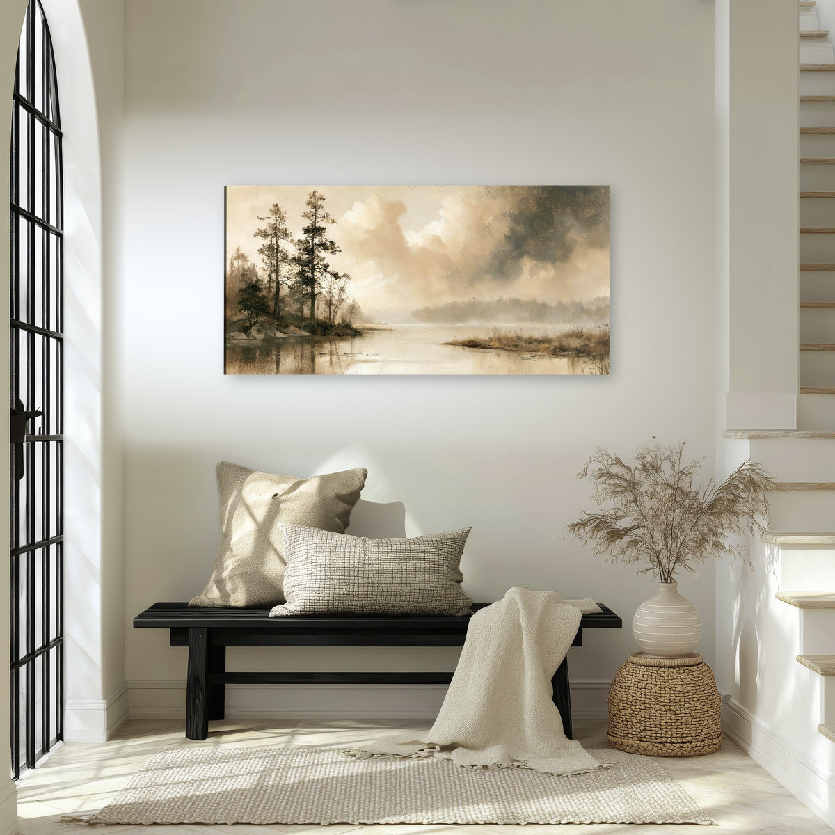 Vintage sepia pine lake painting canvas wall art in an entryway above a bench