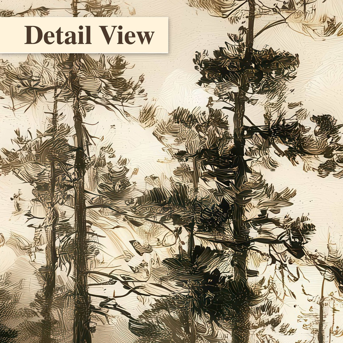 Vintage sepia pine lake painting detail close-up