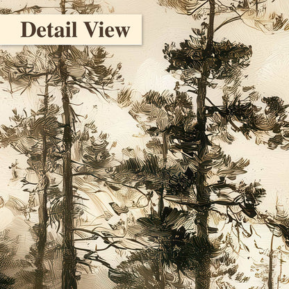 Vintage sepia pine lake painting detail close-up