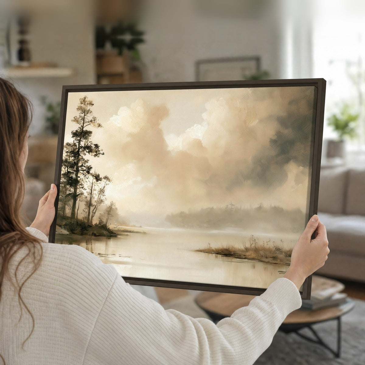 Vintage sepia pine lake painting framed canvas held in hands